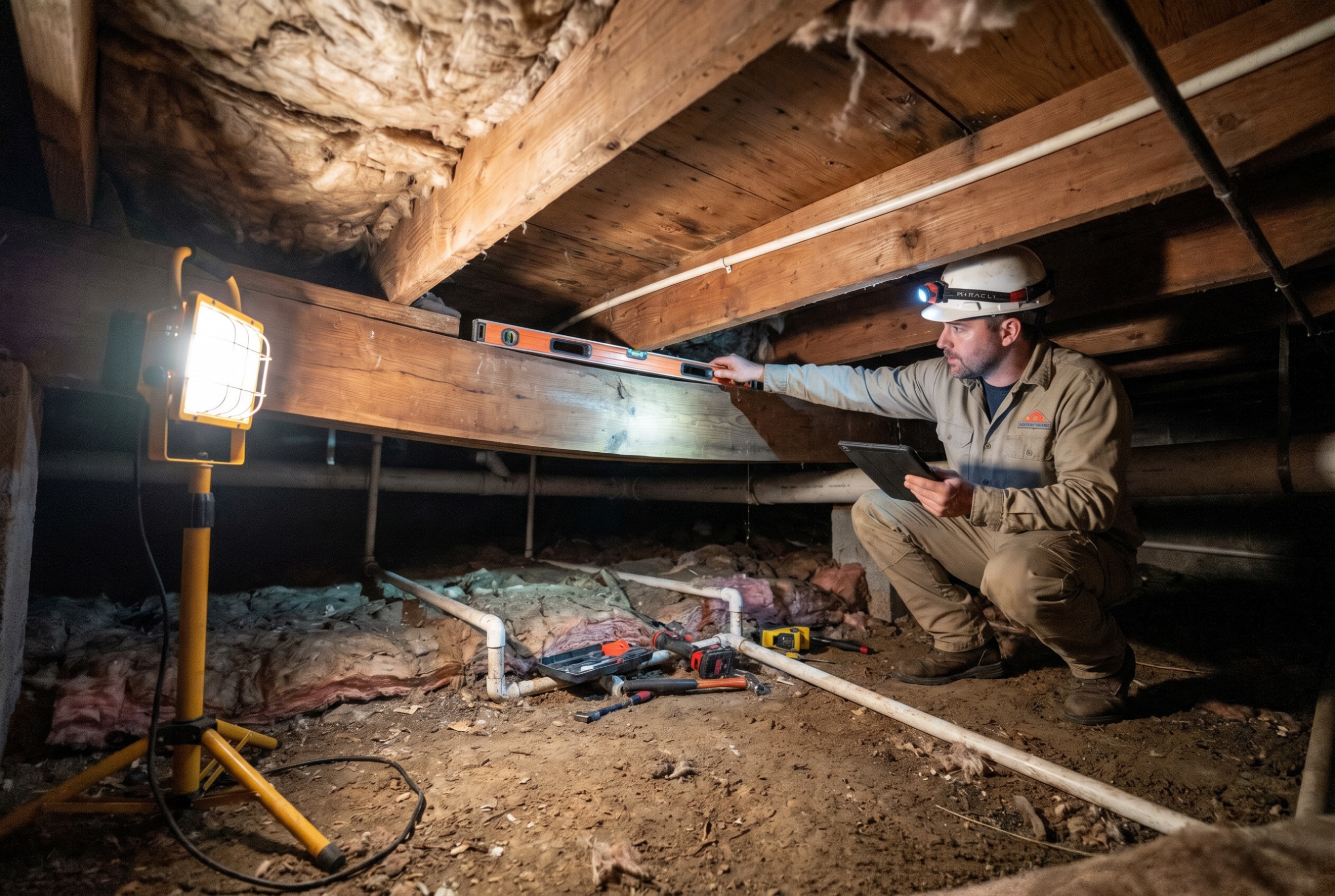 A technician inspecting an uneven floor joist in a crawl space