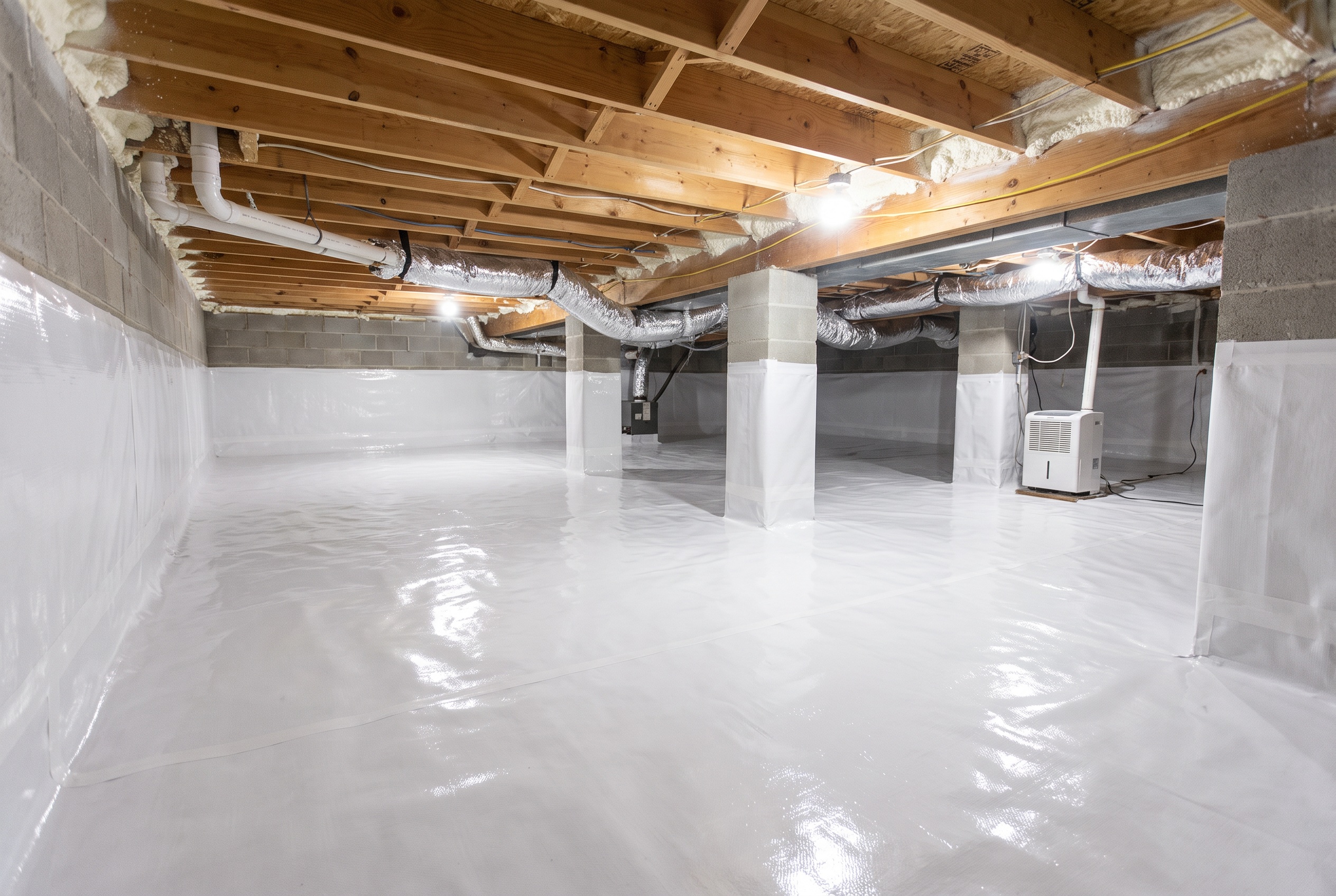 A well-lit, fully encapsulated crawl space in a Virginia home, with a clean sealed vapor barrier and moisture control system.